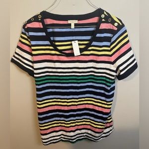 NWT Black with Multi Colored Stripes Talbots Scoop Neck Tee with Gold Accents